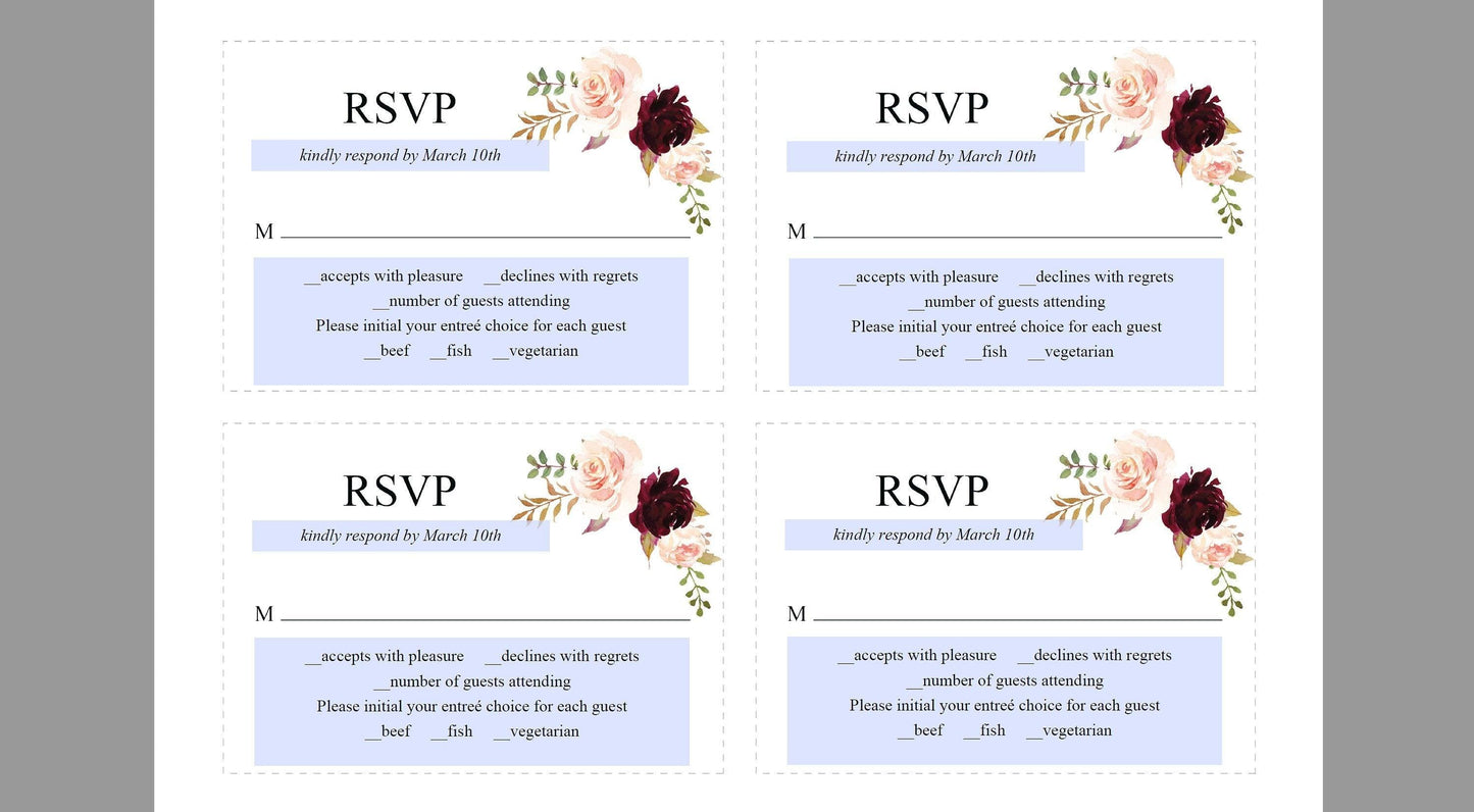 RSVP Card Template, Wedding RSVP, Response Card, RSVP cards, Wedding,Printable rsvp,Wedding Response, Burgundy, Nature Wedding -Katherine - SAVVY PAPER CO