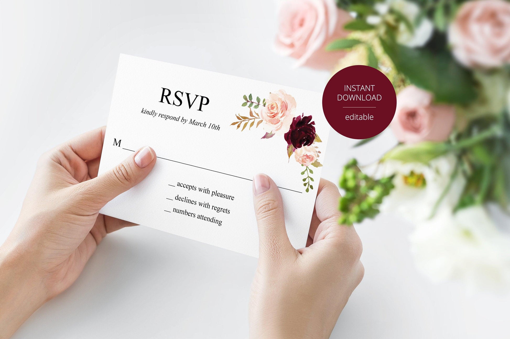 RSVP Card Template, Wedding RSVP, Response Card, RSVP cards, Wedding,Printable rsvp,Wedding Response, Burgundy, Nature Wedding -Katherine - SAVVY PAPER CO