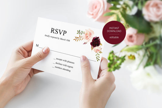 RSVP Card Template, Wedding RSVP, Response Card, RSVP cards, Wedding,Printable rsvp,Wedding Response, Burgundy, Nature Wedding -Katherine - SAVVY PAPER CO