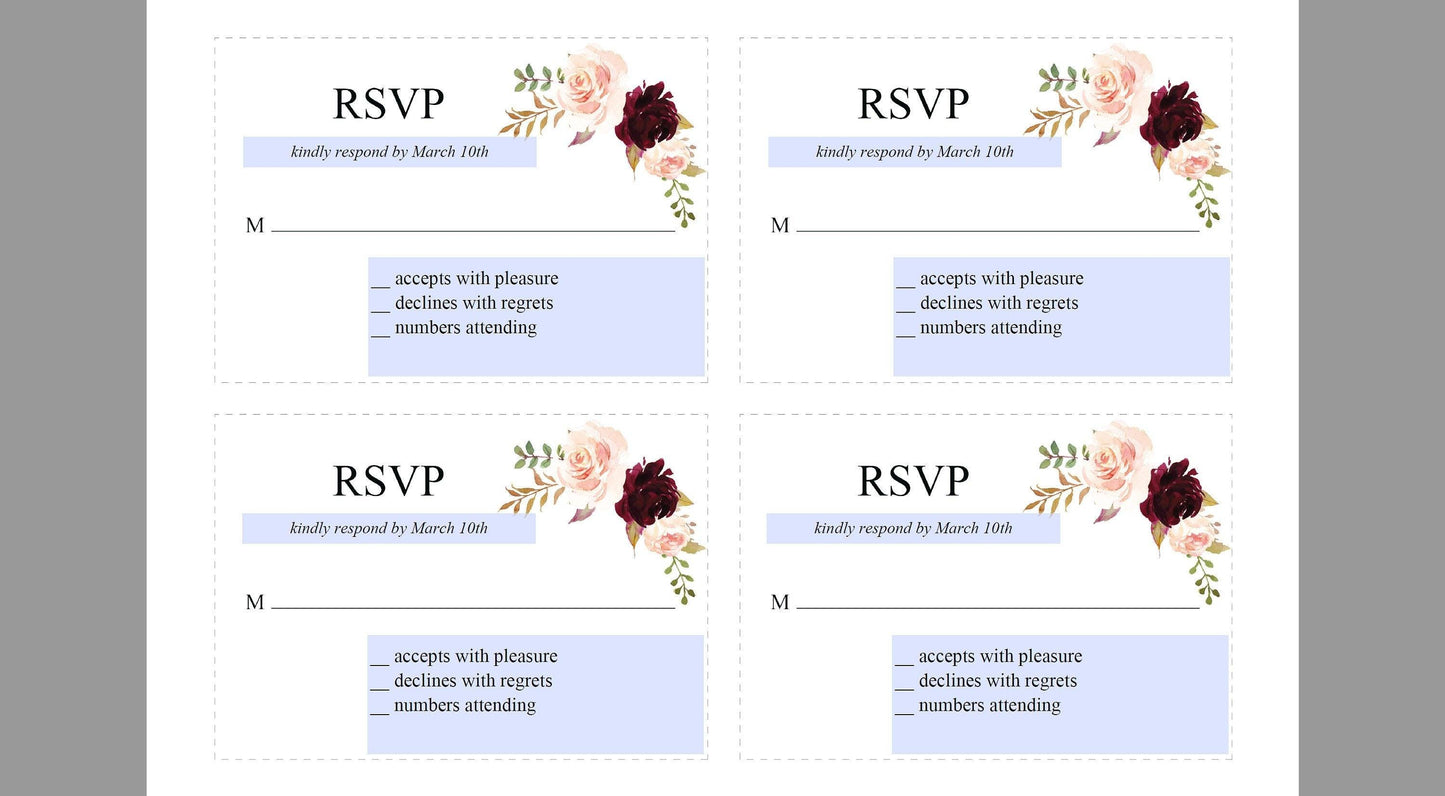 RSVP Card Template, Wedding RSVP, Response Card, RSVP cards, Wedding,Printable rsvp,Wedding Response, Burgundy, Nature Wedding -Katherine - SAVVY PAPER CO