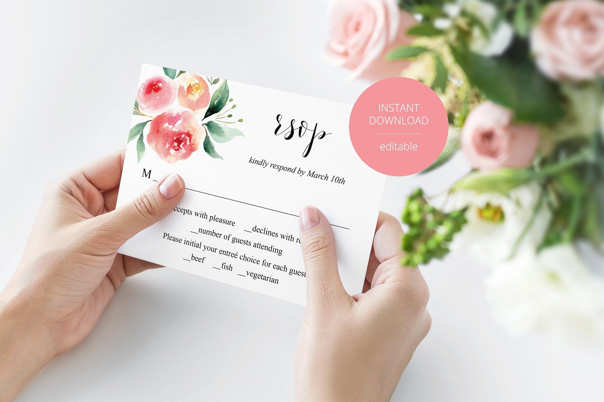 RSVP Card Template, Wedding RSVP, Response Card, RSVP cards, Wedding, Printable rsvp, Wedding Response, Floral Blush, Calligraphy - Sarah - SAVVY PAPER CO