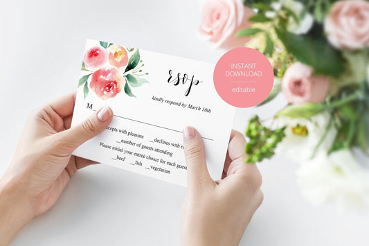 RSVP Card Template, Wedding RSVP, Response Card, RSVP cards, Wedding, Printable rsvp, Wedding Response, Floral Blush, Calligraphy - Sarah - SAVVY PAPER CO