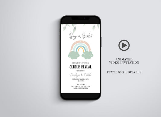 Rainbow Gender Reveal Video Evite, Electronic Invite, Boy or Girl Baby Shower Video Invitation, Animated Invitation - SAVVY PAPER CO