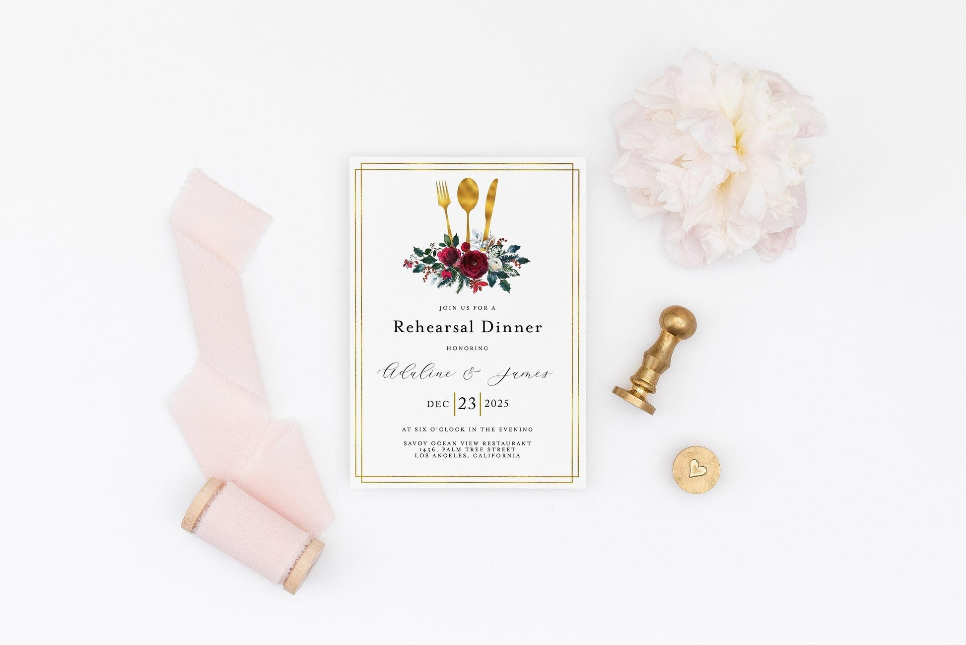 Rehearsal Dinner Invitation Template Printable Christmas Wedding, Calligraphy Wedding, Instant Download - ADA - SAVVY PAPER CO