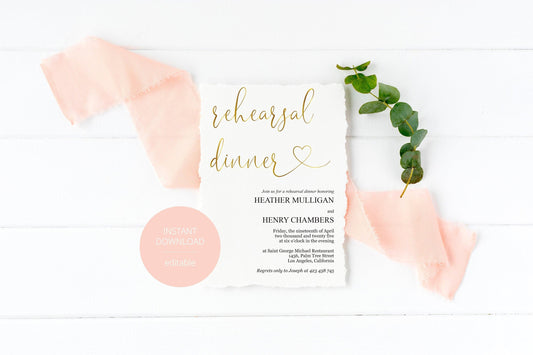 Rehearsal Dinner Invitation Template, Printable Wedding Rehearsal Dinner Invitation, Gold Wedding, Instant Download, - HEATHER - SAVVY PAPER CO