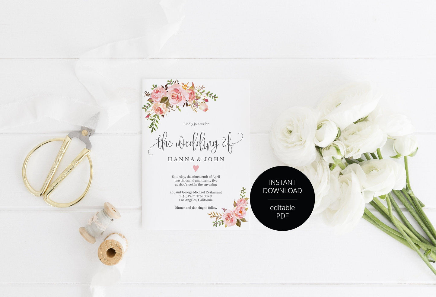 Romantic Wedding Invitation Editable Template, Printable DIY Instant Download Invites, Digital Download Invitations - Hanna - SAVVY PAPER CO