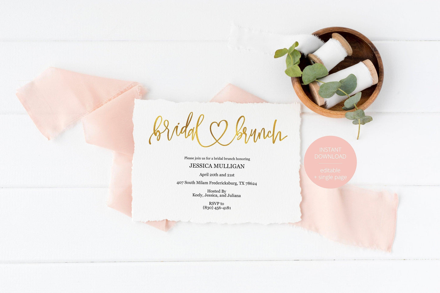 Rose Gold Bridal Brunch Shower Invitation Instant Download Printable Editable Template DIY Bridal Shower Invite - JESSICA - SAVVY PAPER CO