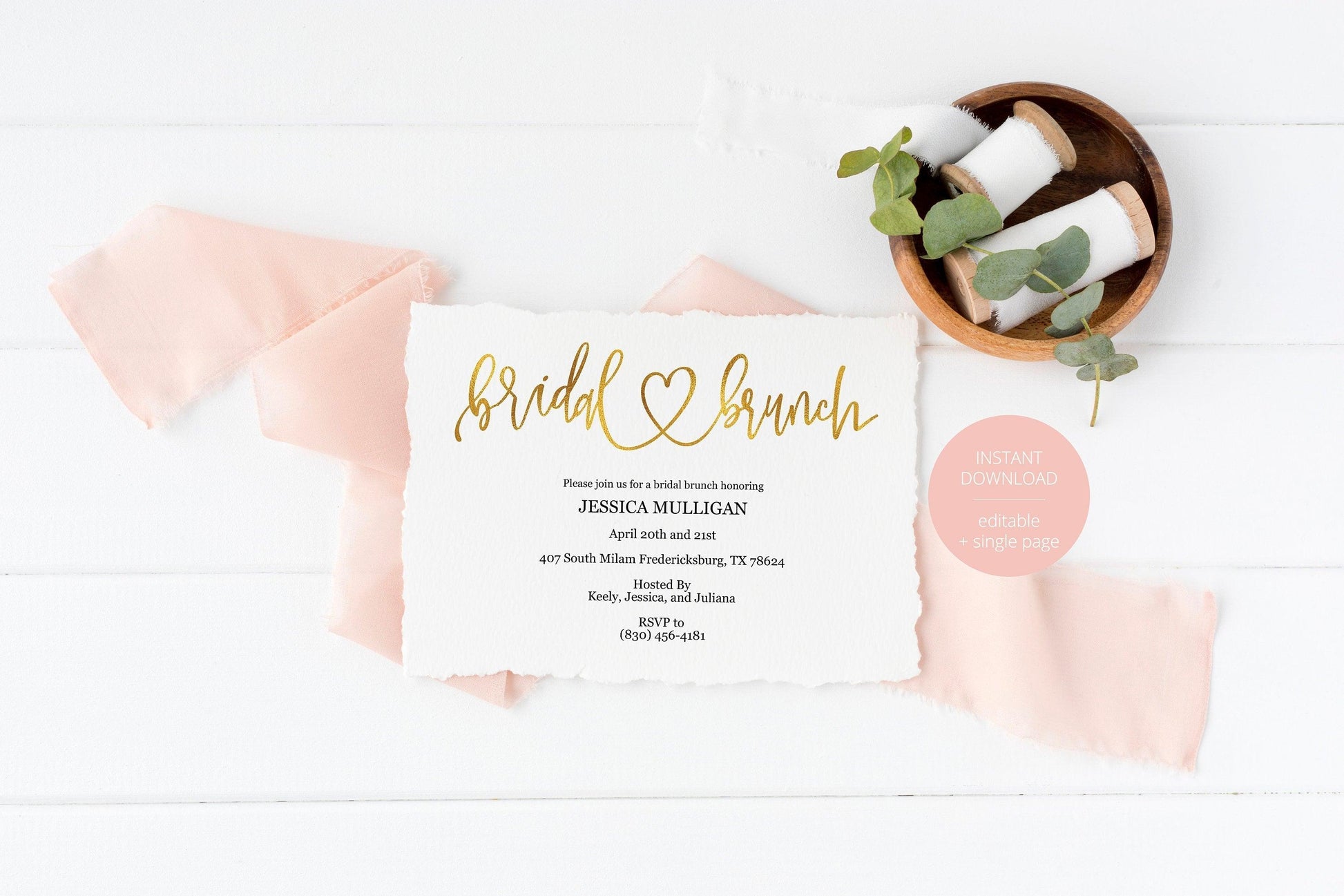 Rose Gold Bridal Brunch Shower Invitation Instant Download Printable Editable Template DIY Bridal Shower Invite - JESSICA - SAVVY PAPER CO