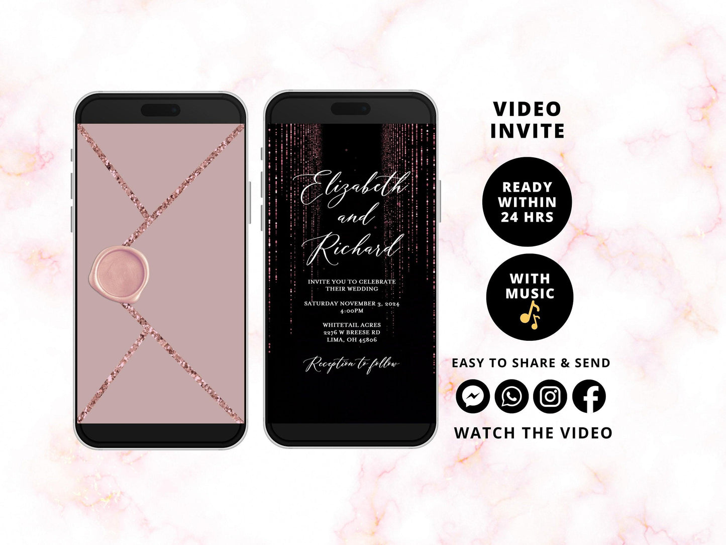 Rose Gold Wedding Video Invitation, Electronic Wedding Video Evite, Custom Wedding Invitation, Glitter Wedding Invite Digital Download - SAVVY PAPER CO
