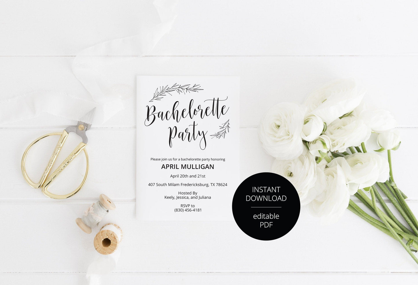 Rustic Bachelorette Party Invite, DIY Editable Instant Download Bachelorette Invites, Minimal Invitation Template - APRIL - SAVVY PAPER CO