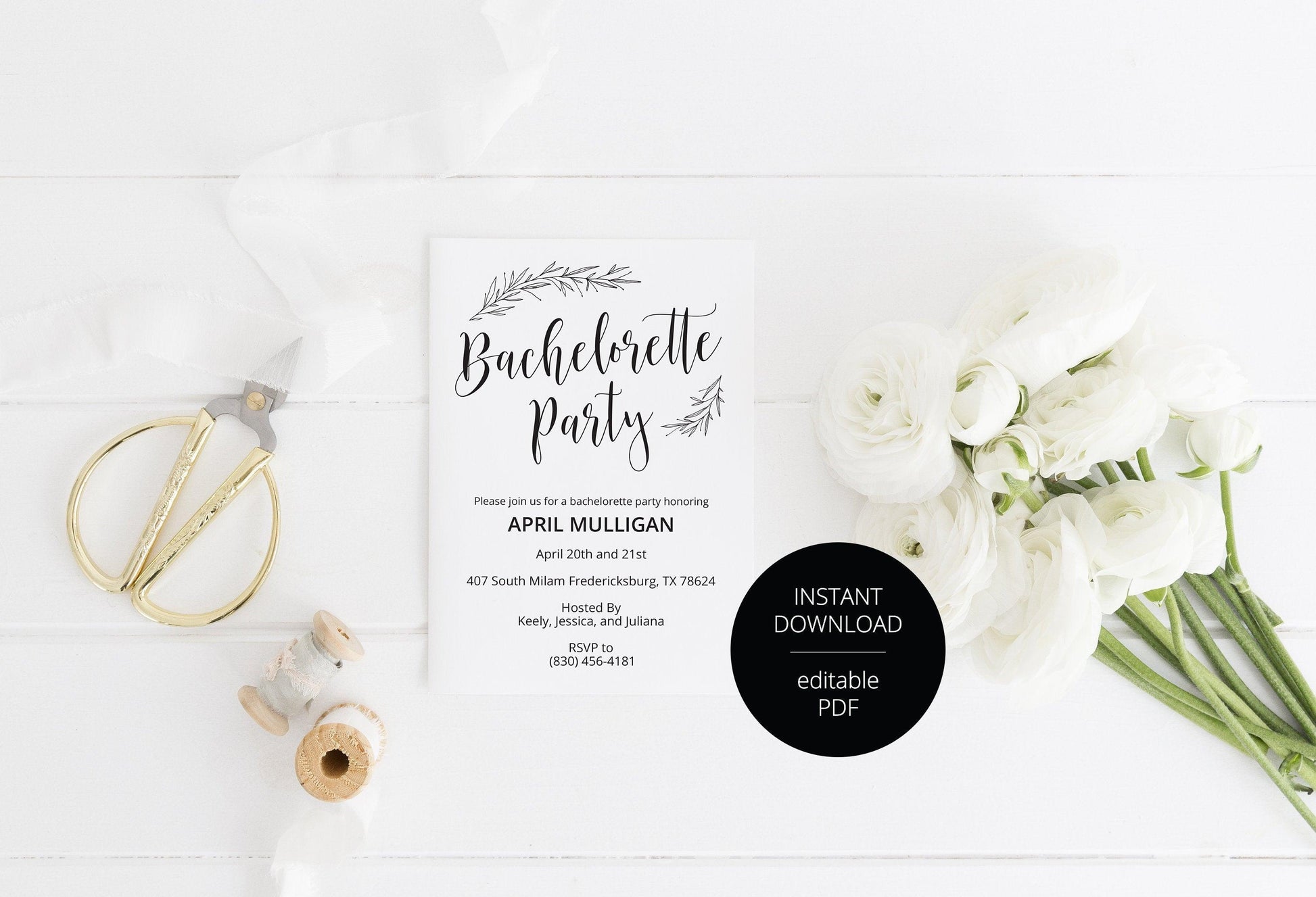 Rustic Bachelorette Party Invite, DIY Editable Instant Download Bachelorette Invites, Minimal Invitation Template - APRIL - SAVVY PAPER CO