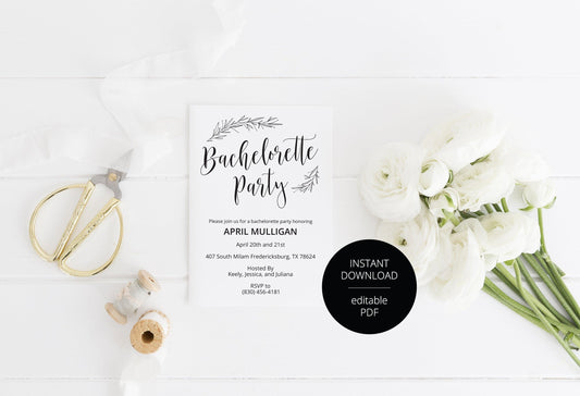 Rustic Bachelorette Party Invite, DIY Editable Instant Download Bachelorette Invites, Minimal Invitation Template - APRIL - SAVVY PAPER CO