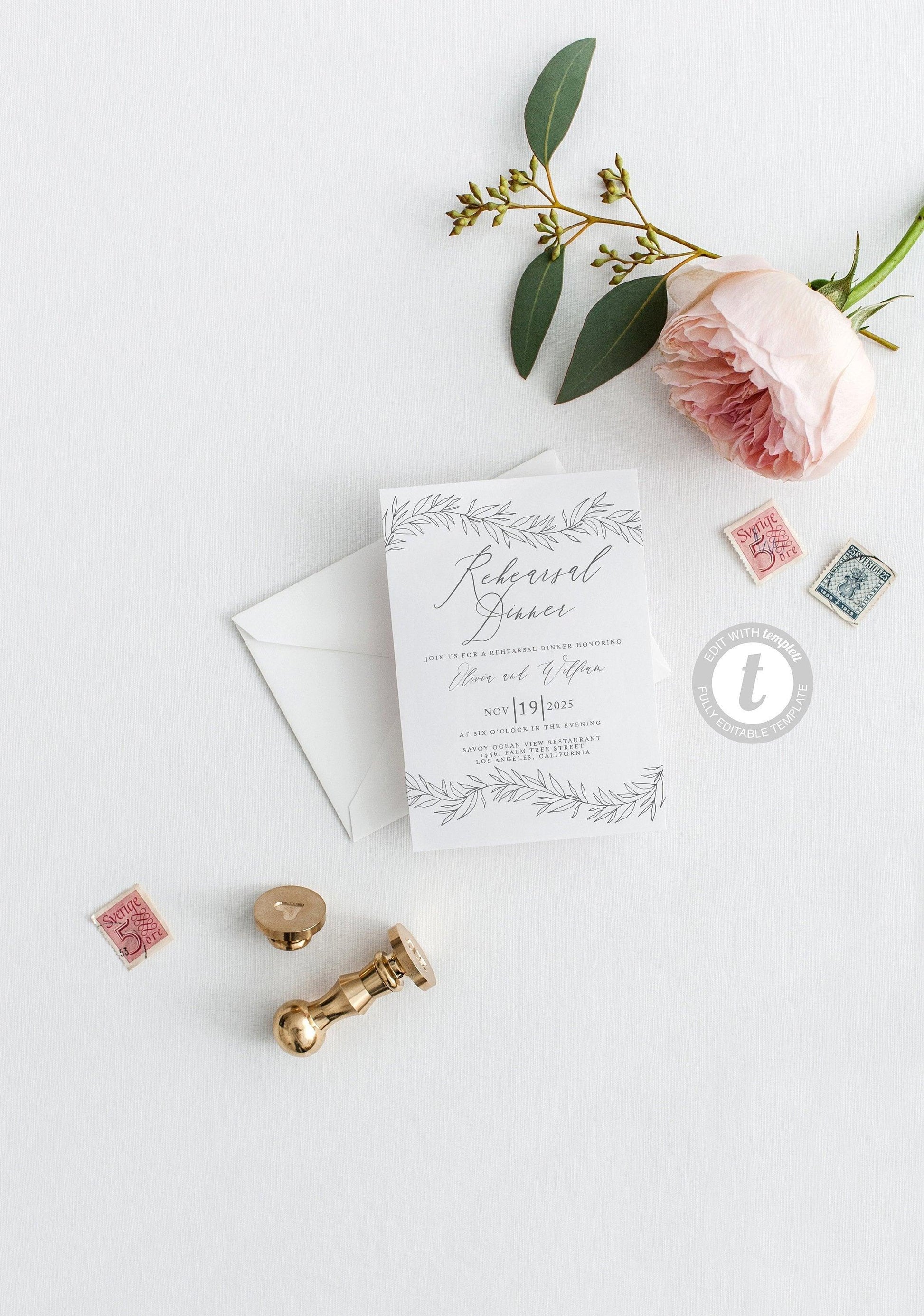 Rustic Elegant Rehearsal Dinner Invitation Template, Printable Wedding, Calligraphy Wedding, Instant Download - OLIVIA - SAVVY PAPER CO