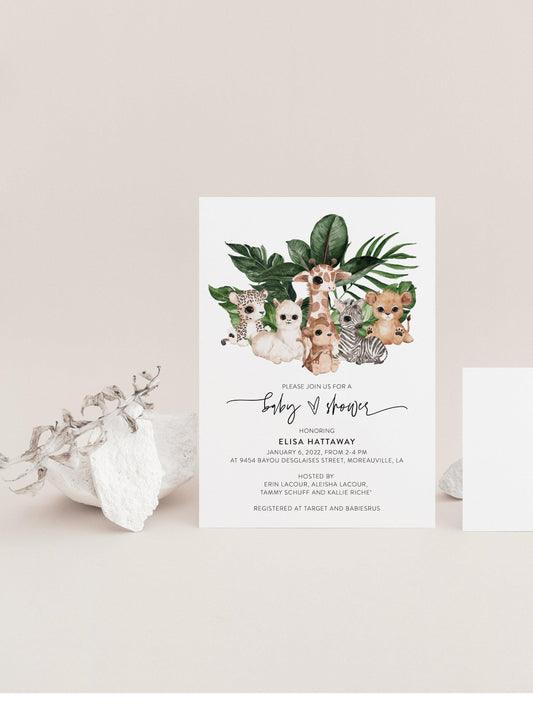 Safari Animals Baby Shower Invitation Template - Gender Neutral Baby Shower Invitations, Forest Animals, Tropical #WL - SAVVY PAPER CO