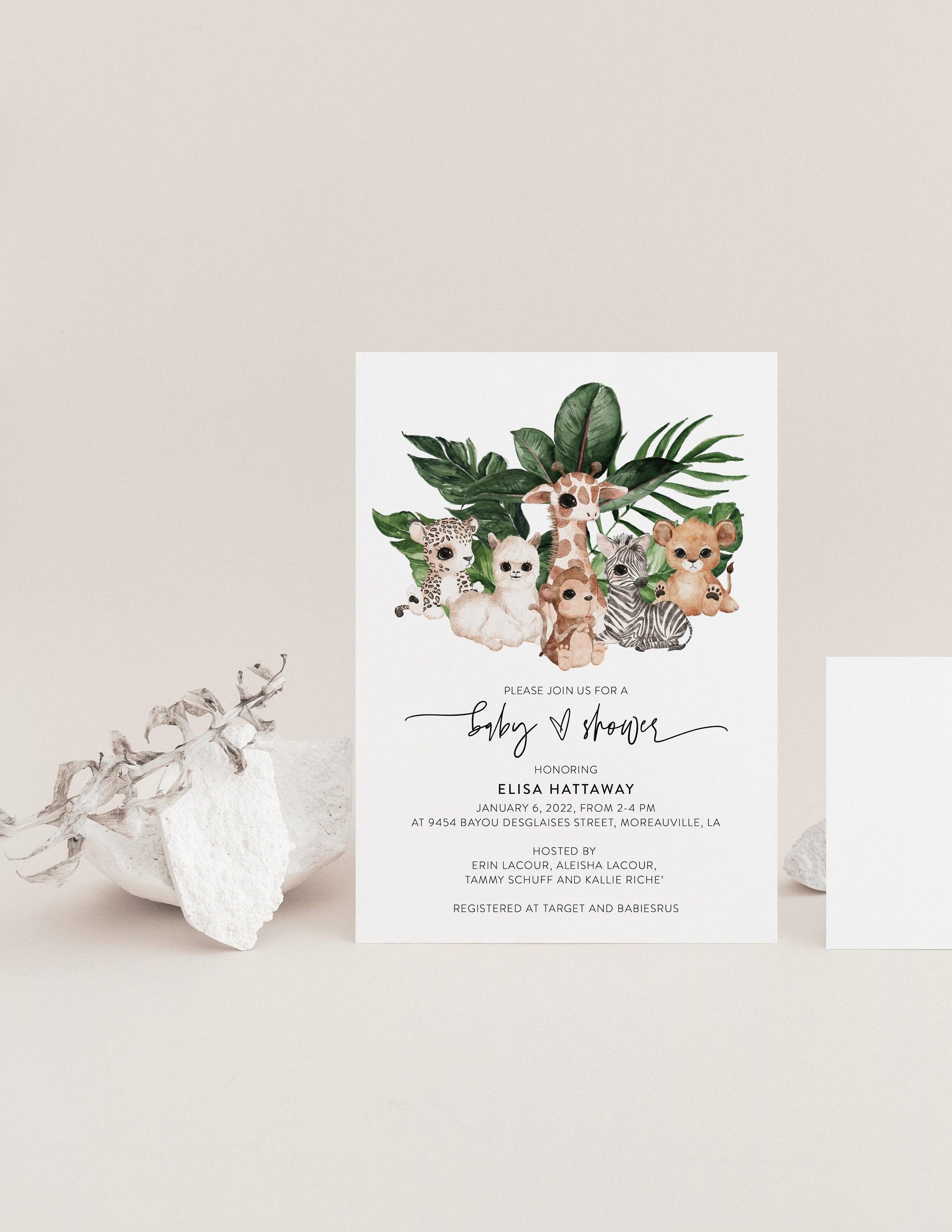 Safari Animals Baby Shower Invitation Template - Gender Neutral Baby Shower Invitations, Forest Animals, Tropical #WL - SAVVY PAPER CO