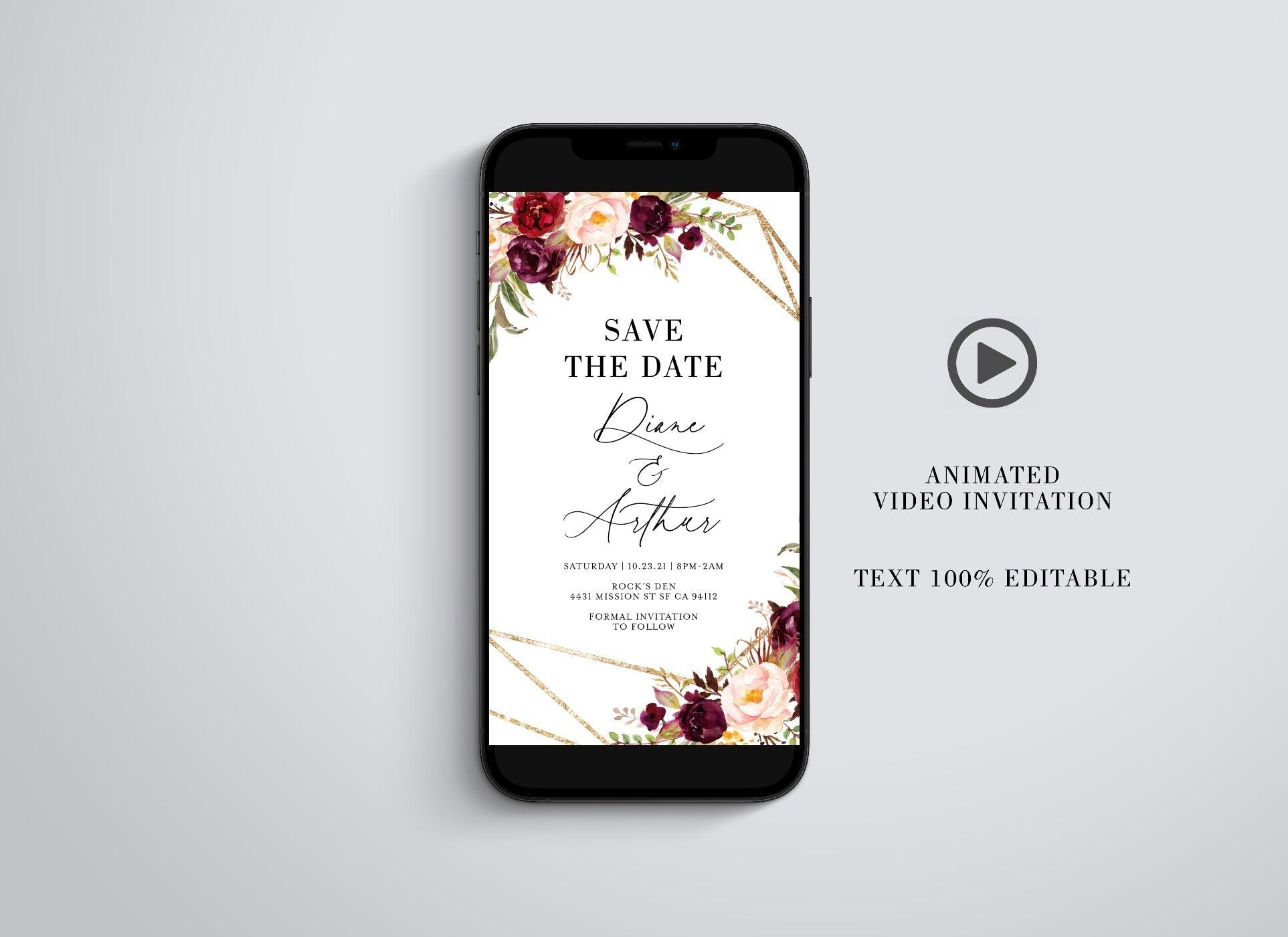 Save the Date Video Evite, Electronic Save The Date, Video Invitation, Animated Invitation Burgundy Florals - SAVVY PAPER CO