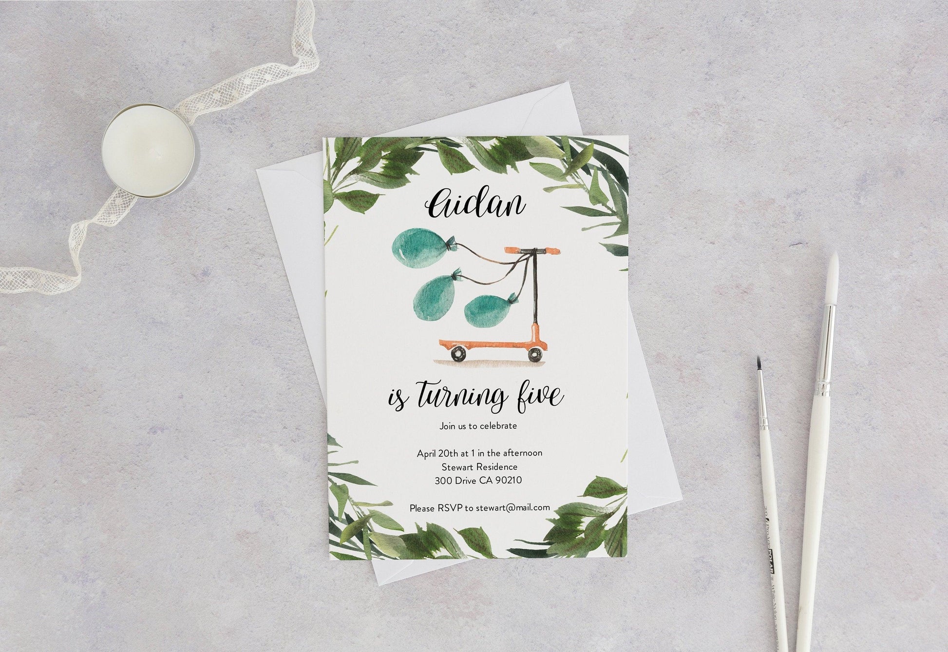 Scooter Birthday Invitation Instant Download Greenery Balloons 5th Birthday Invite Editable SC2 - SAVVY PAPER CO
