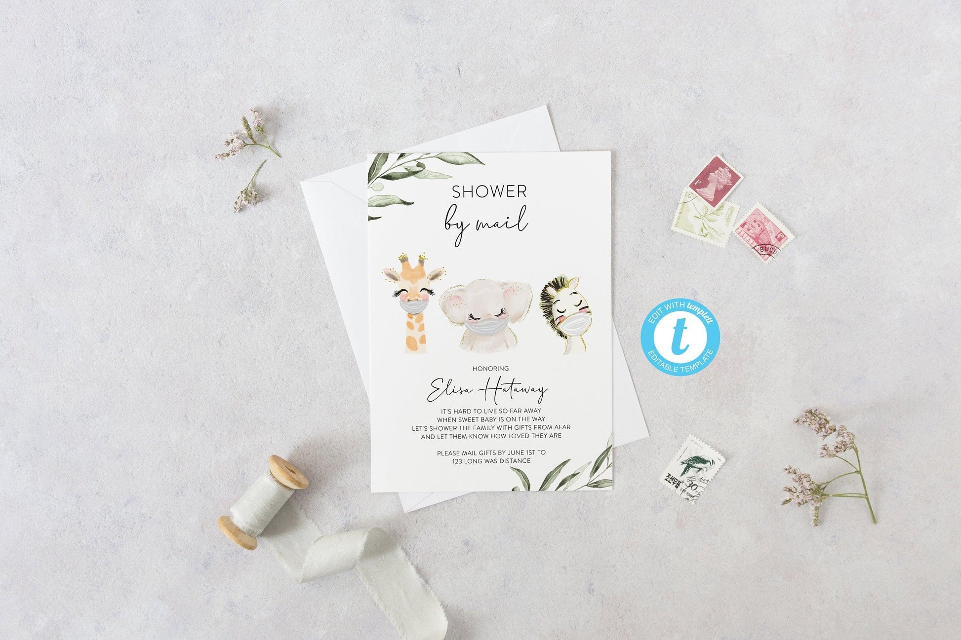 Shower by Mail Invitation Template, Long Distance Baby Shower Invite, Woodland Invites, Editable, Instant Download | Face mask - Isla - SAVVY PAPER CO