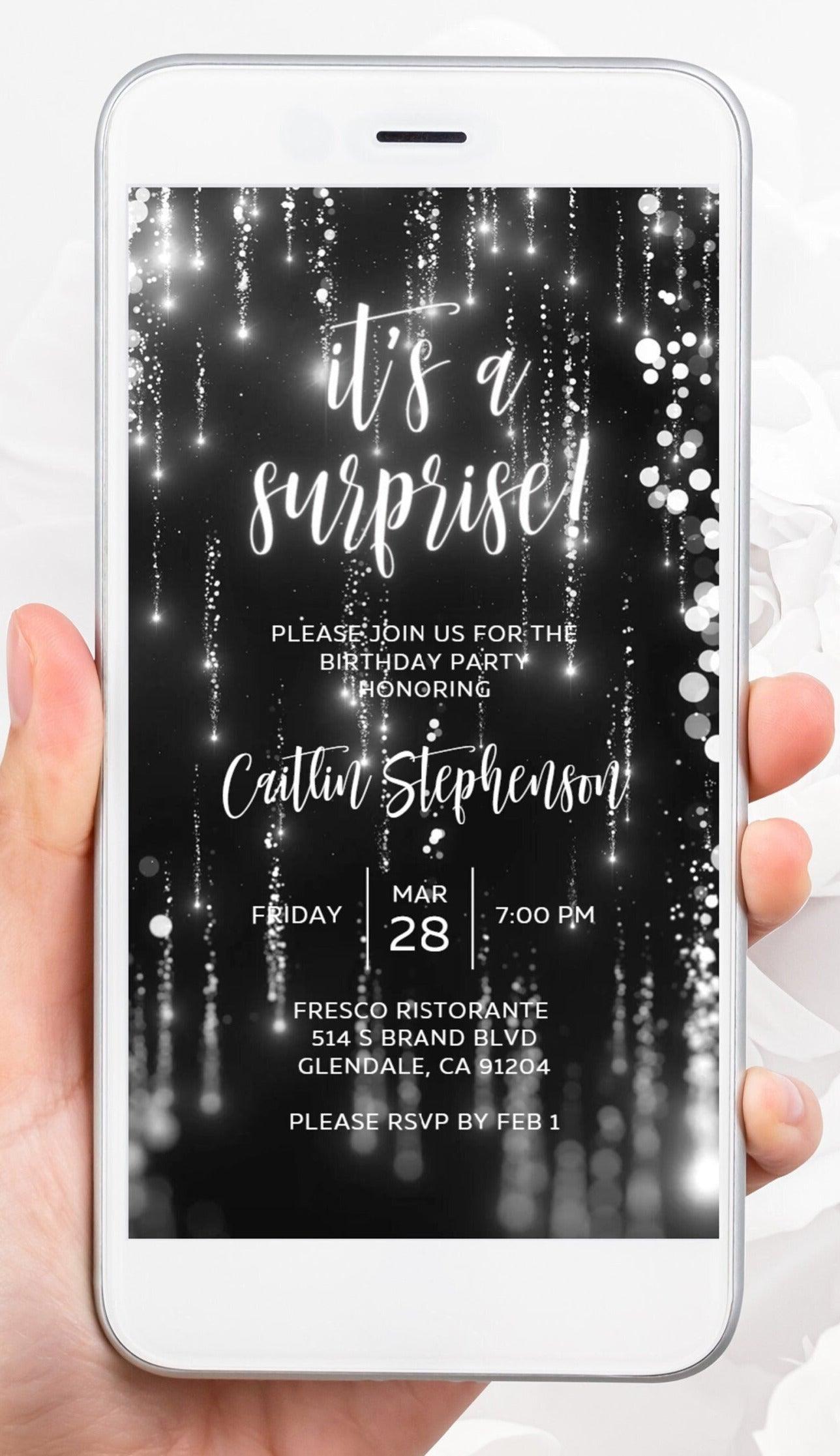 Silver Digital Surprise Birthday Invitation template women electronic invitations any age edit in Canva evite send online instant download - SAVVY PAPER CO