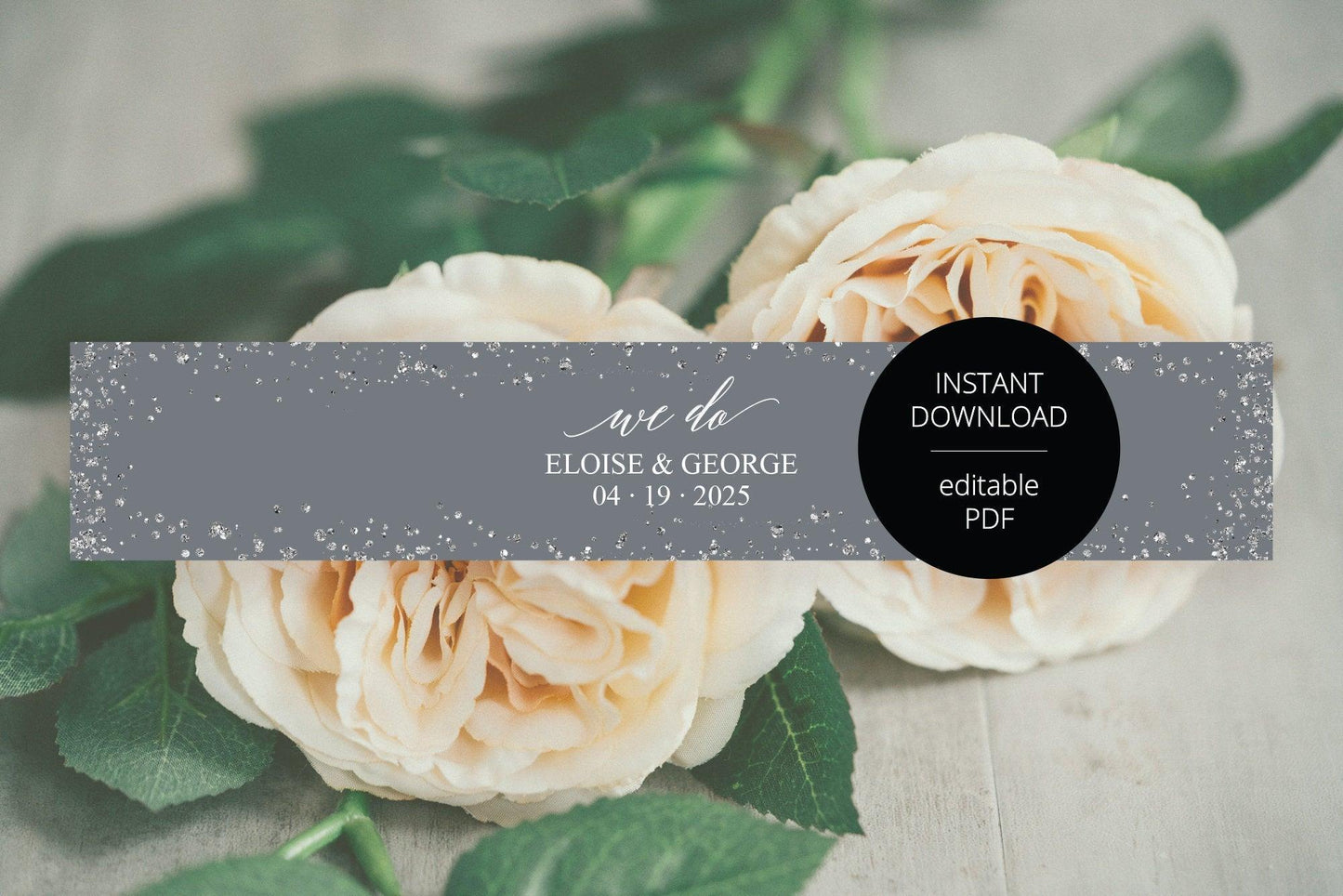 Silver Gray Wedding Invitation Suite Belly Band Template, Printable Glitter Wedding Invites Band, 2x11", DIY PDF Instant Download-Eloise - SAVVY PAPER CO
