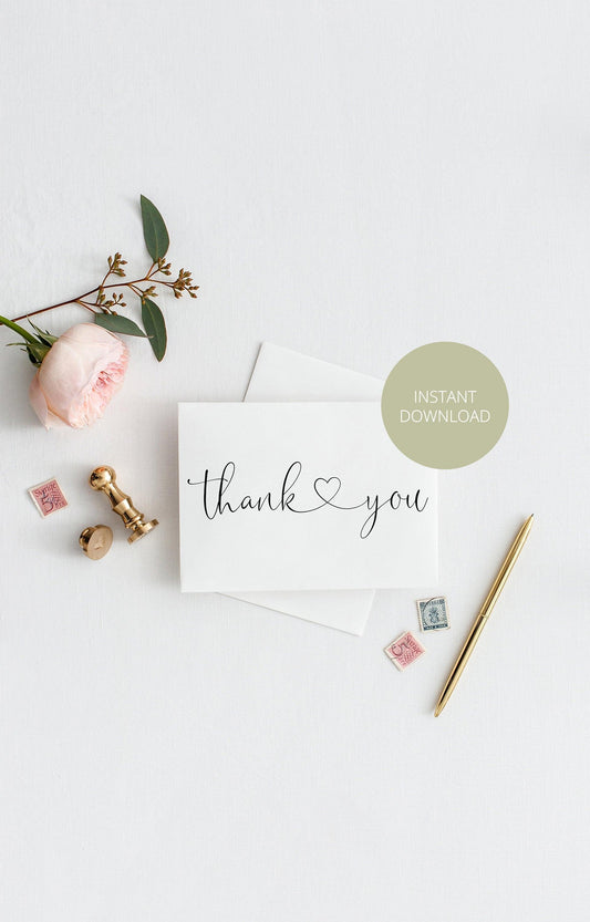 Simple Wedding Thank You Card, Instant Download, Thank you Cards, Printable Thank You, Wedding Cards, Calligraphy, Rustic, Heart - Heather - SAVVY PAPER CO