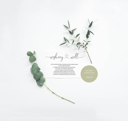 Simple Wedding Wishing Well Card Template,Instant Download, Editable Wishing, Wishing well Cards Insert, Calligraphy,Rustic,Heart - Heather - SAVVY PAPER CO