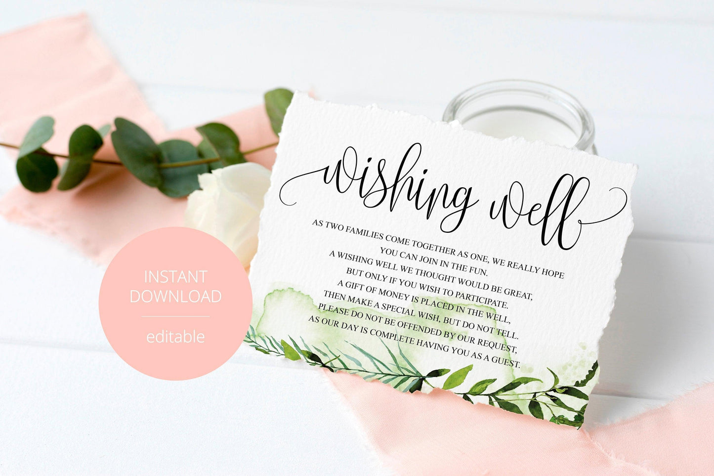 Simple Wedding Wishing Well Card Template,Instant Download, Editable Wishing, Wishing well Cards Insert, Greenery,Rustic - Melissa - SAVVY PAPER CO