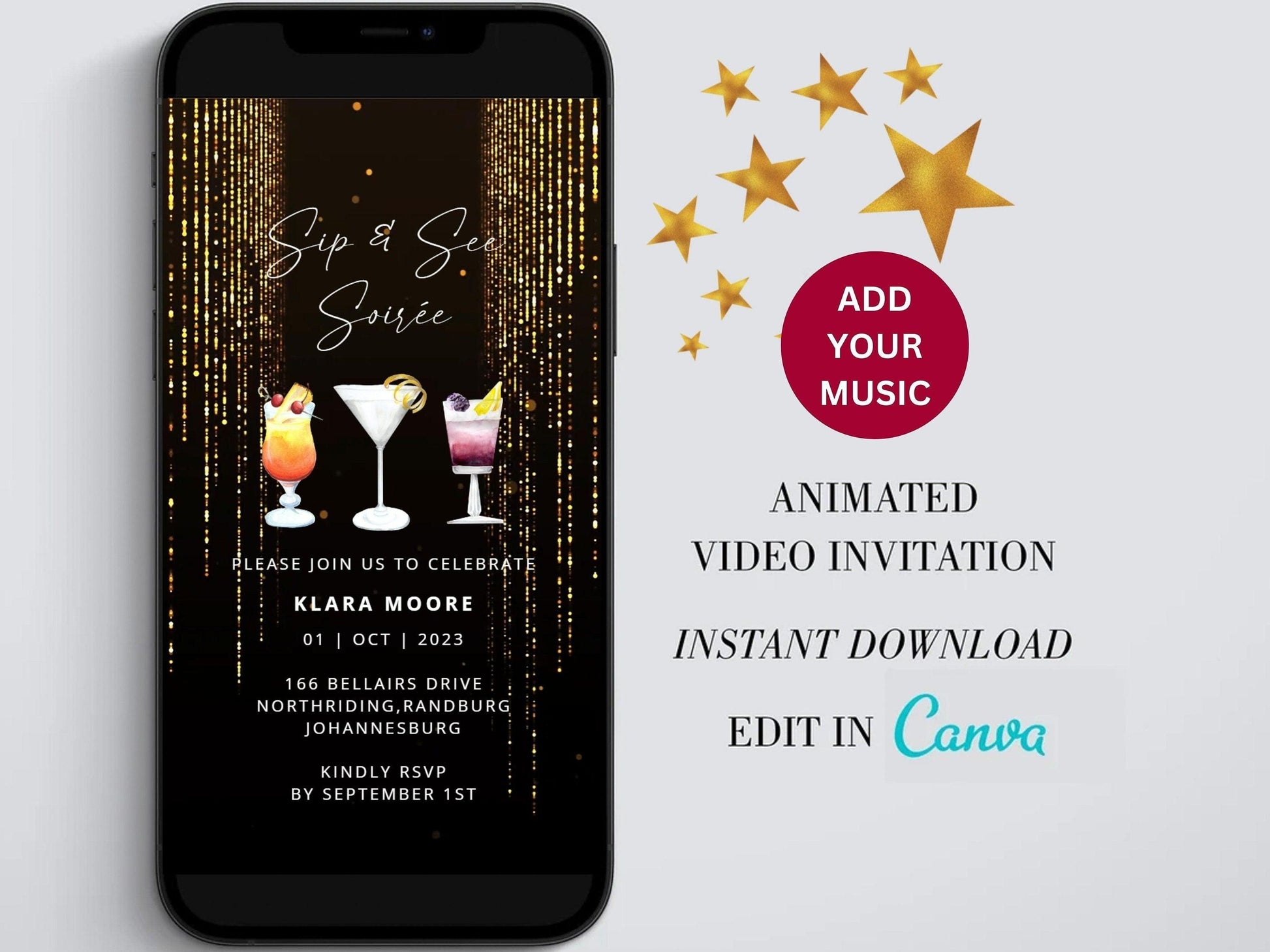 Sip and see Soiree Digital Birthday Invitation template, Cocktail Electronic Birthday Evite, Edit in Canva, Any Age, Instant Download - SAVVY PAPER CO