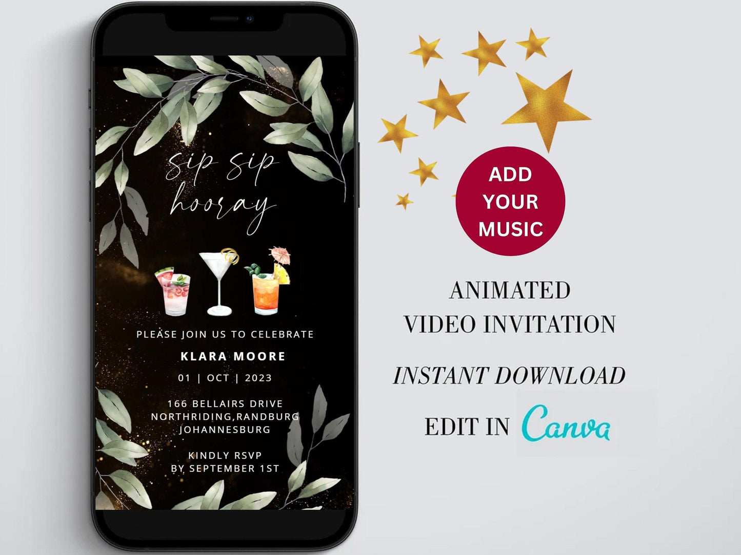 Sip sip hooray Digital Birthday Invitation template, Cocktail Electronic Birthday Evite, Edit in Canva, Any Age, Instant Download - SAVVY PAPER CO