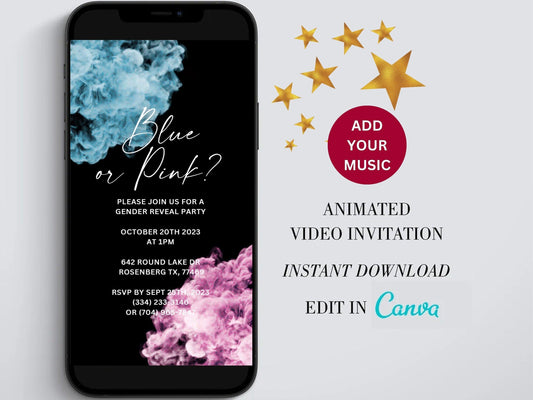 Smokebomb Modern Gender Reveal Invitation Template, Digital Gender Reveal Party Invite, Gender Reveal Editable Template, Powder Smoke - SAVVY PAPER CO