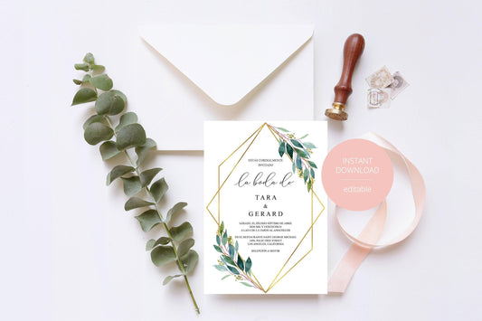 Spanish Greenery Gold Wedding Invitation Template, Printable Wedding Invitation, Geometric Wedding, Instant Download, Editable- TARA - SAVVY PAPER CO