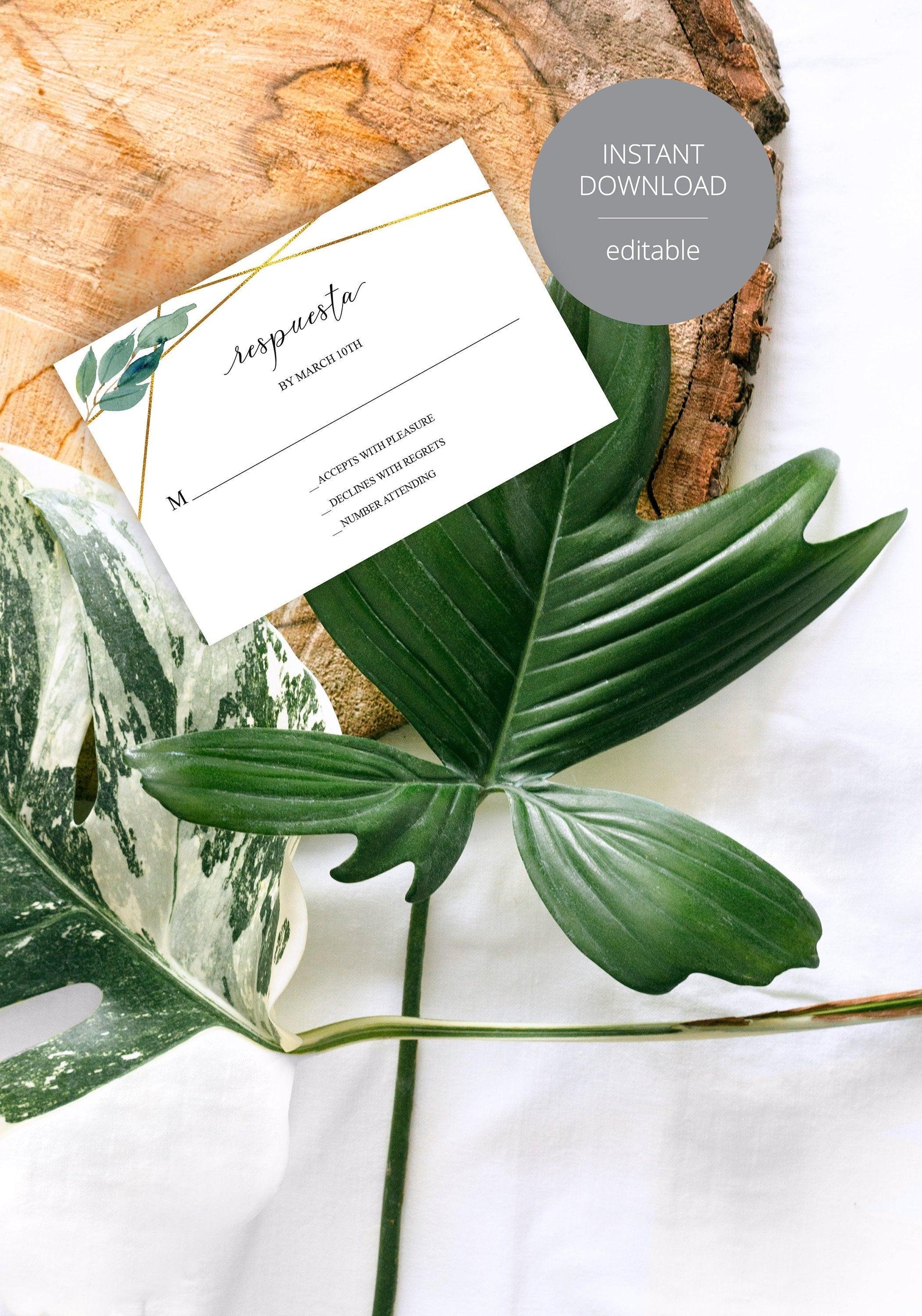 Spanish RSVP Card Template, Wedding RSVP, Response Card, RSVP cards, Geometric Wedding, Printable rsvp, Wedding Response, Greenery - Tara - SAVVY PAPER CO