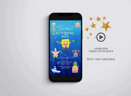 Sponge Bob Video Invitation, Electronic Birthday Video Invitation, Animated Invitation Sponge Bob Square Pants - SAVVY PAPER CO