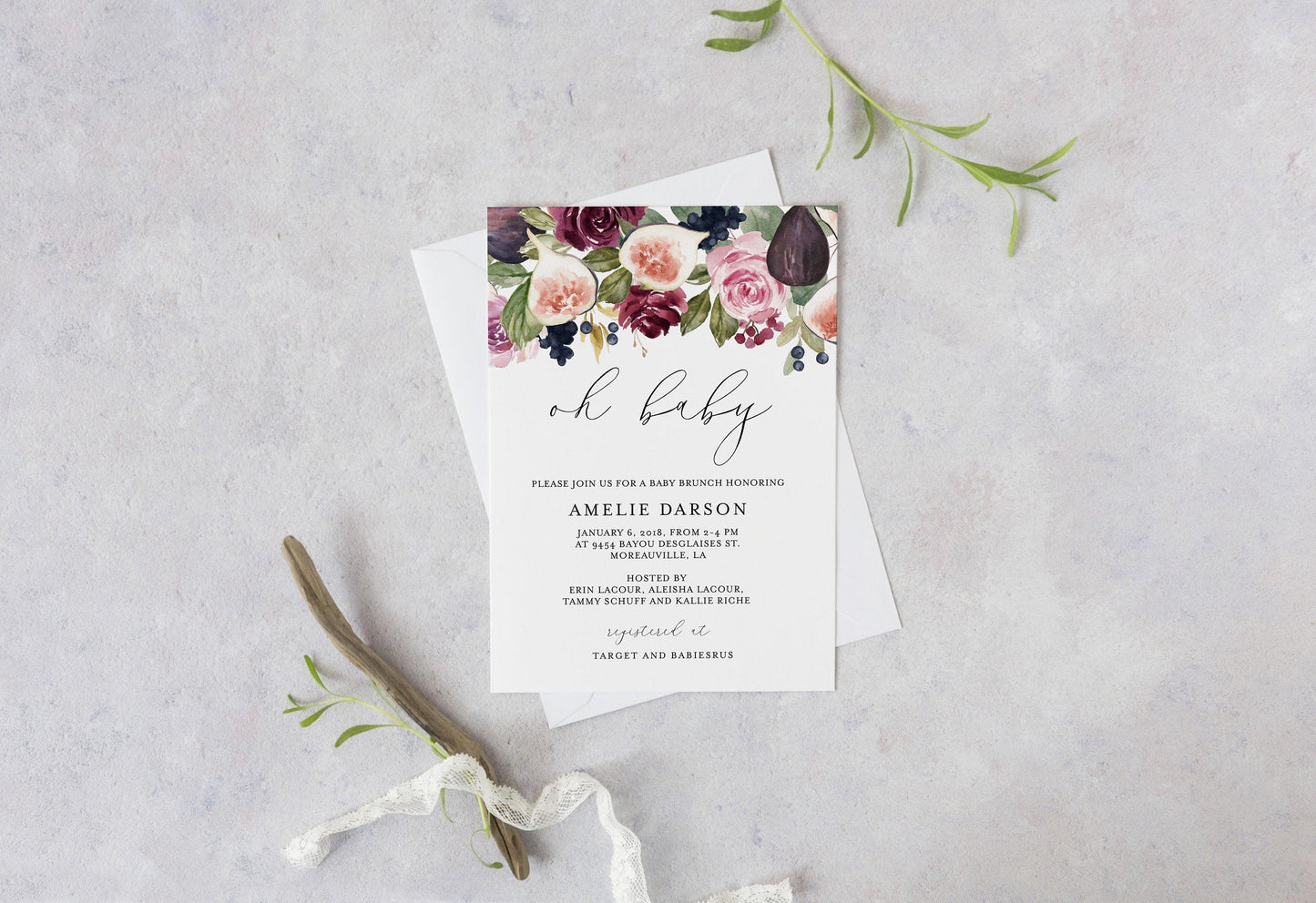 Summer Baby Shower Invitation template, Baby Shower Invite with Figs ,Baby Shower Brunch Invitations Template #WB3 - SAVVY PAPER CO