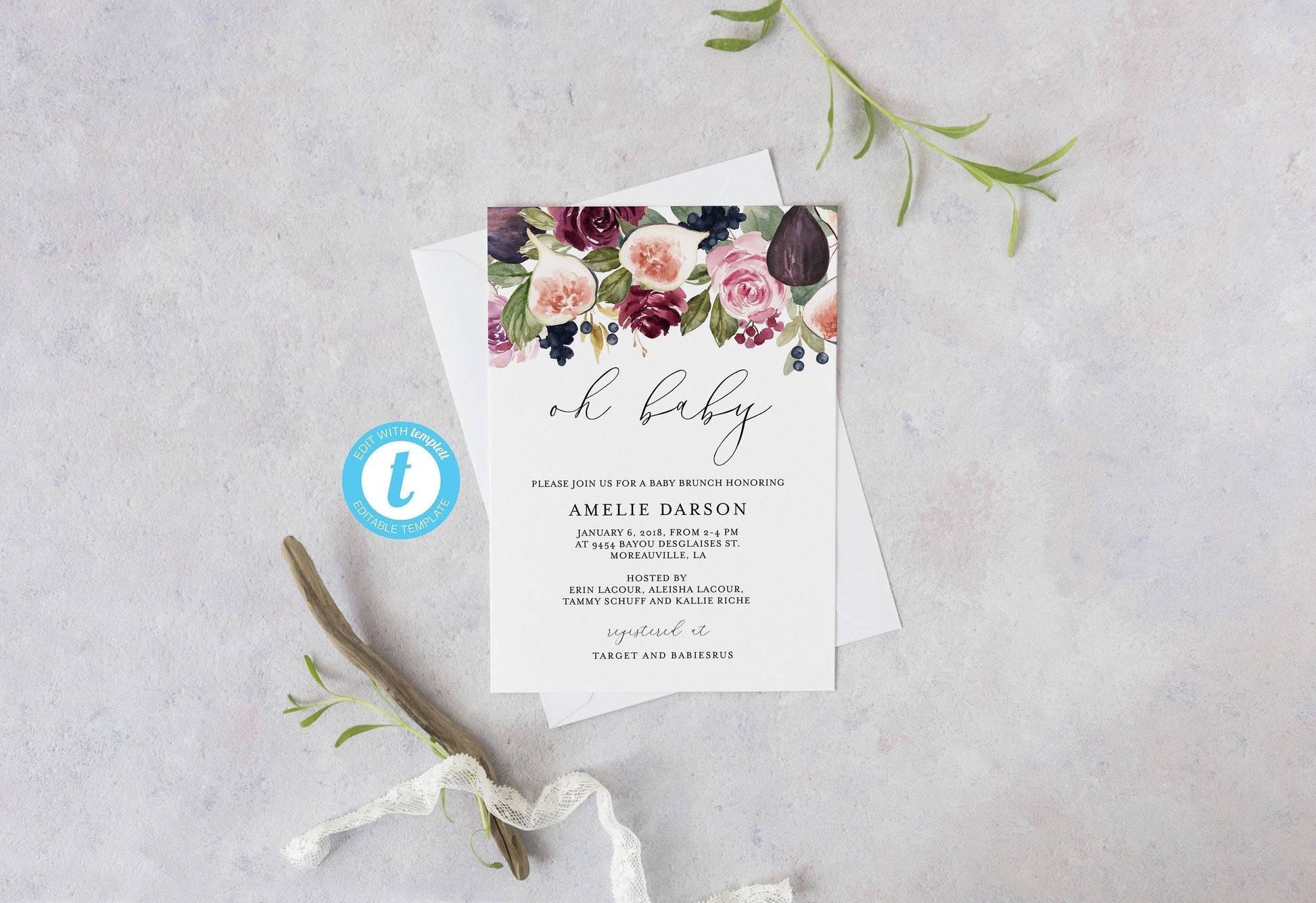 Summer Baby Shower Invitation template, Baby Shower Invite with Figs ,Baby Shower Brunch Invitations Template #WB3 - SAVVY PAPER CO