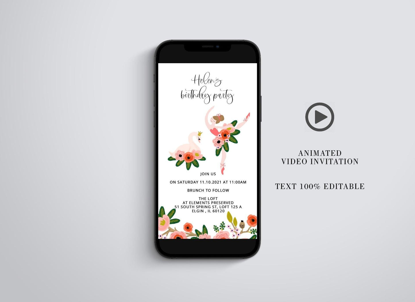 Swan Ballerina First Birthday Video Evite, Electronic Save The Date, Birthday Video Invitation, Animated Invitation Balloons - SAVVY PAPER CO