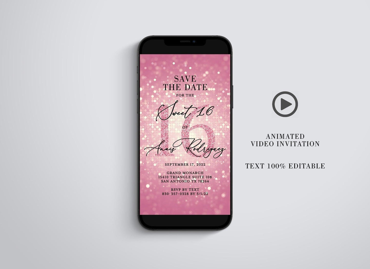 Sweet 16 animated Blush Glitter Birthday Invitation, Video 16th Birthday Invite - SAVVY PAPER CO