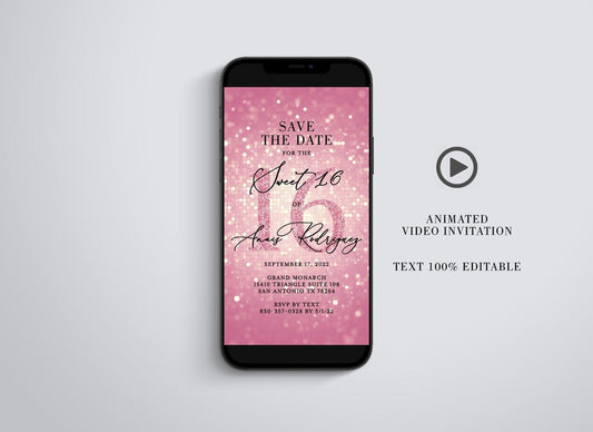Sweet 16 animated Blush Glitter Birthday Invitation, Video 16th Birthday Invite - SAVVY PAPER CO