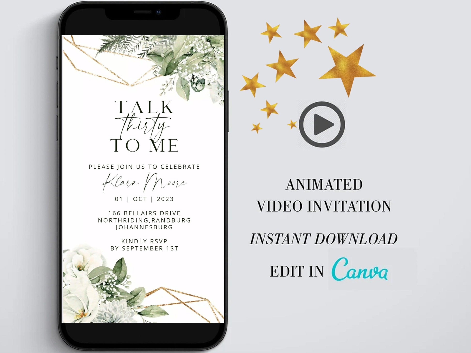 Talk thirty to me Digital Birthday Invitation template, Gold Electronic Birthday Evite, Edit in Canva, Any Age, Instant Download - SAVVY PAPER CO