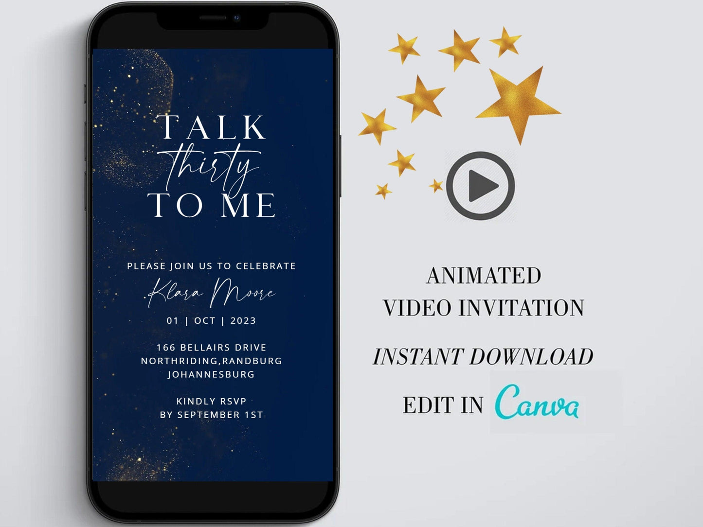 Talk thirty to me Digital Birthday Invitation template, Gold Electronic Birthday Evite, Edit in Canva, Any Age, Instant Download - SAVVY PAPER CO