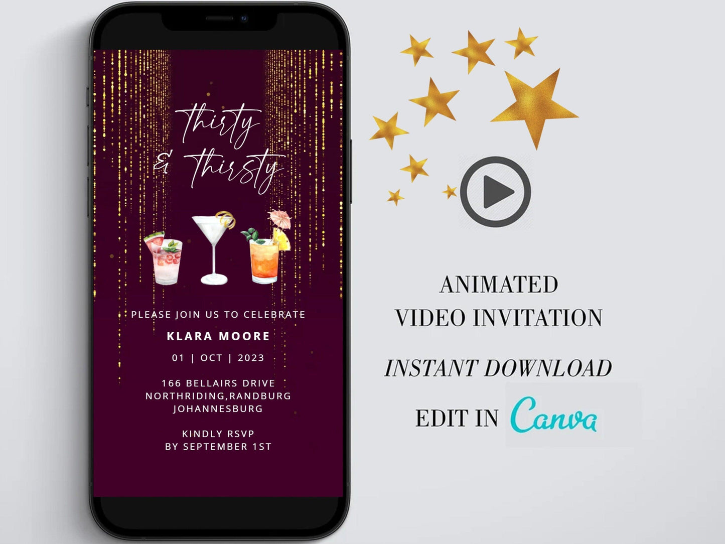 Thirty and thirsty Digital Birthday Invitation template, Cocktail Electronic Birthday Evite, Edit in Canva, Any Age, Instant Download - SAVVY PAPER CO