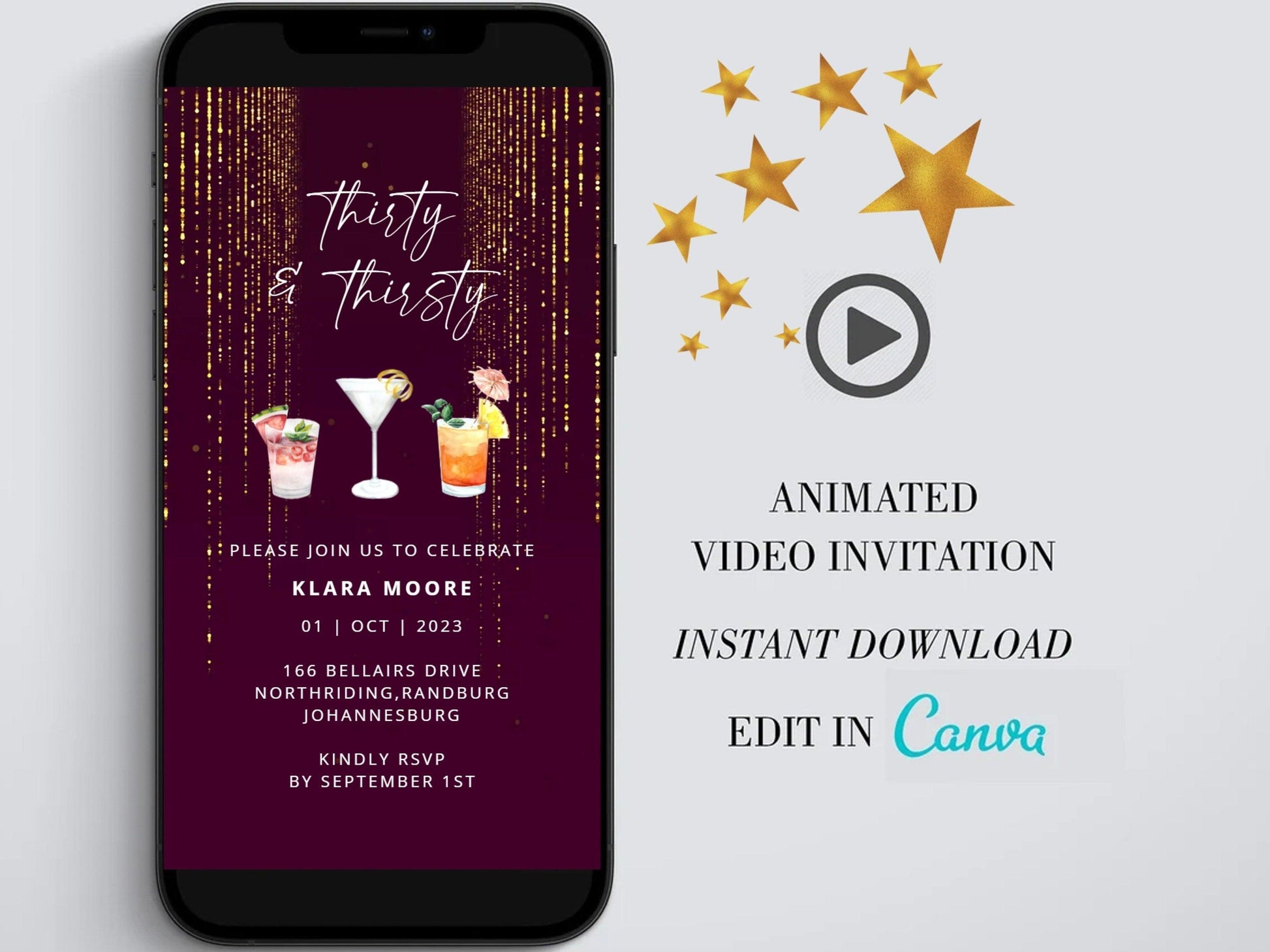 Thirty and thirsty Digital Birthday Invitation template, Cocktail Electronic Birthday Evite, Edit in Canva, Any Age, Instant Download - SAVVY PAPER CO