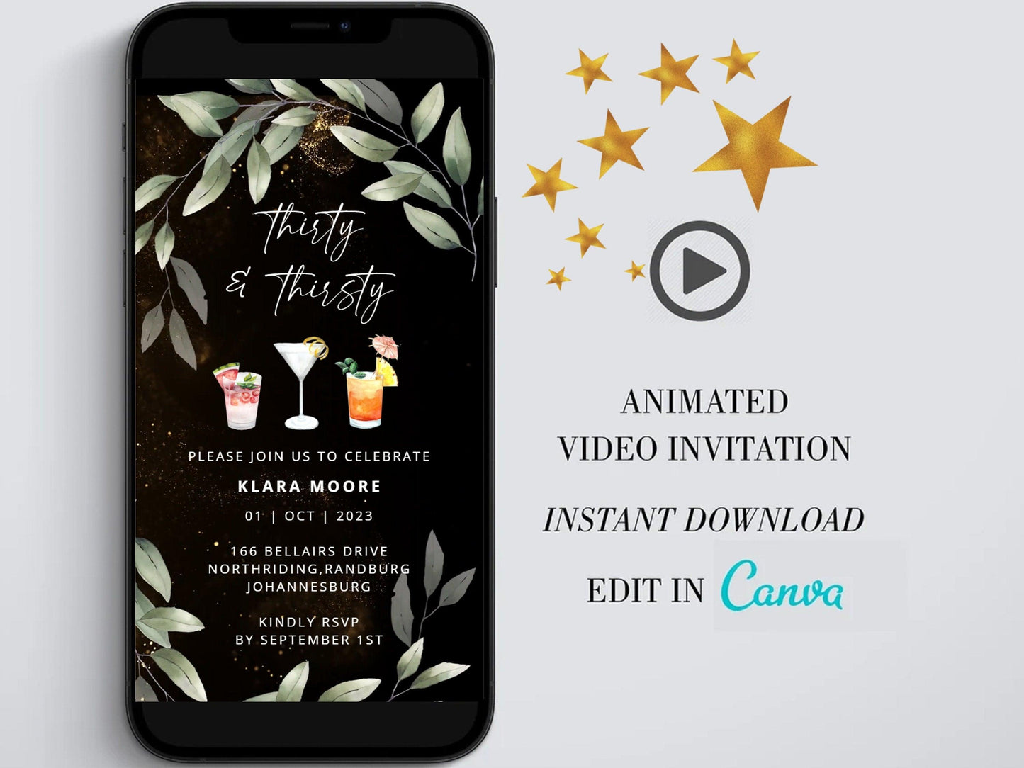 Thirty and thirsty Digital Birthday Invitation template, Cocktail Electronic Birthday Evite, Edit in Canva, Any Age, Instant Download - SAVVY PAPER CO