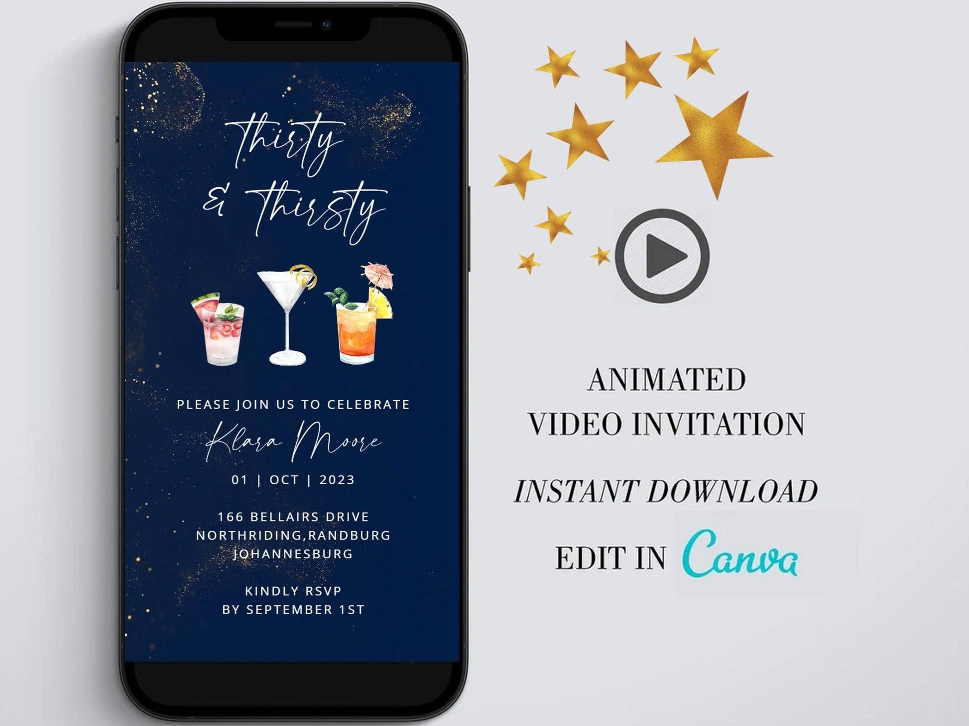 Thirty and thirsty Digital Birthday Invitation template, Cocktail Electronic Birthday Evite, Edit in Canva, Any Age, Instant Download - SAVVY PAPER CO