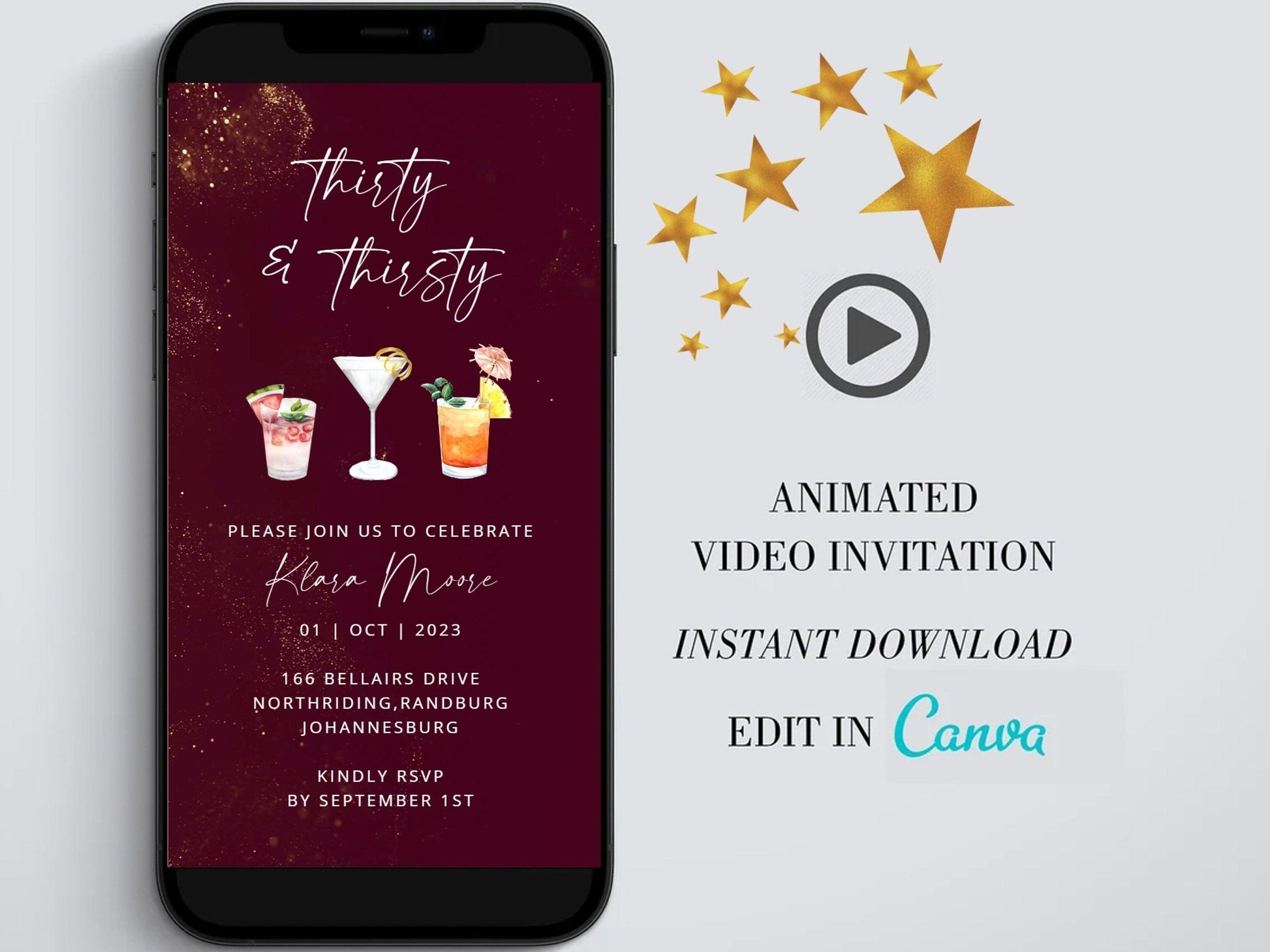 Thirty and thirsty Digital Birthday Invitation template, Cocktail Electronic Birthday Evite, Edit in Canva, Any Age, Instant Download - SAVVY PAPER CO