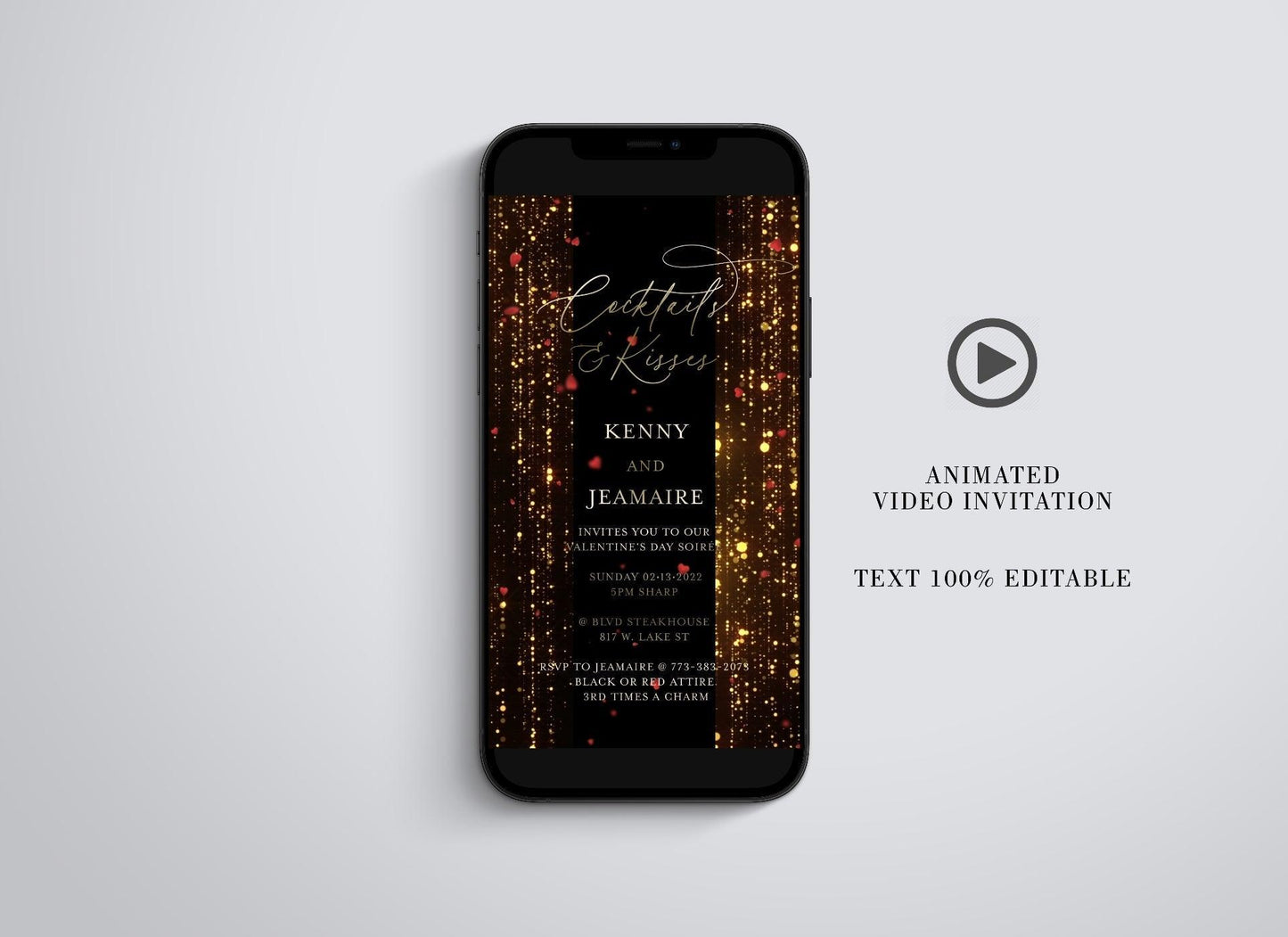 Valentine's Day Animated Glitter Card, Video Invite, Gold Glitter Curtain with Falling Hearts - SAVVY PAPER CO