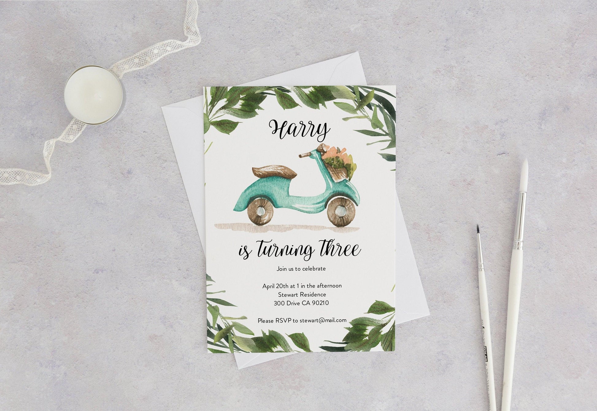Vespa Birthday Invitation Instant Download Greenery Balloons 3rd Birthday Invite Editable Moped #SC2 - SAVVY PAPER CO