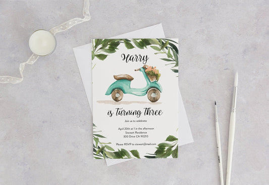 Vespa Birthday Invitation Instant Download Greenery Balloons 3rd Birthday Invite Editable Moped #SC2 - SAVVY PAPER CO