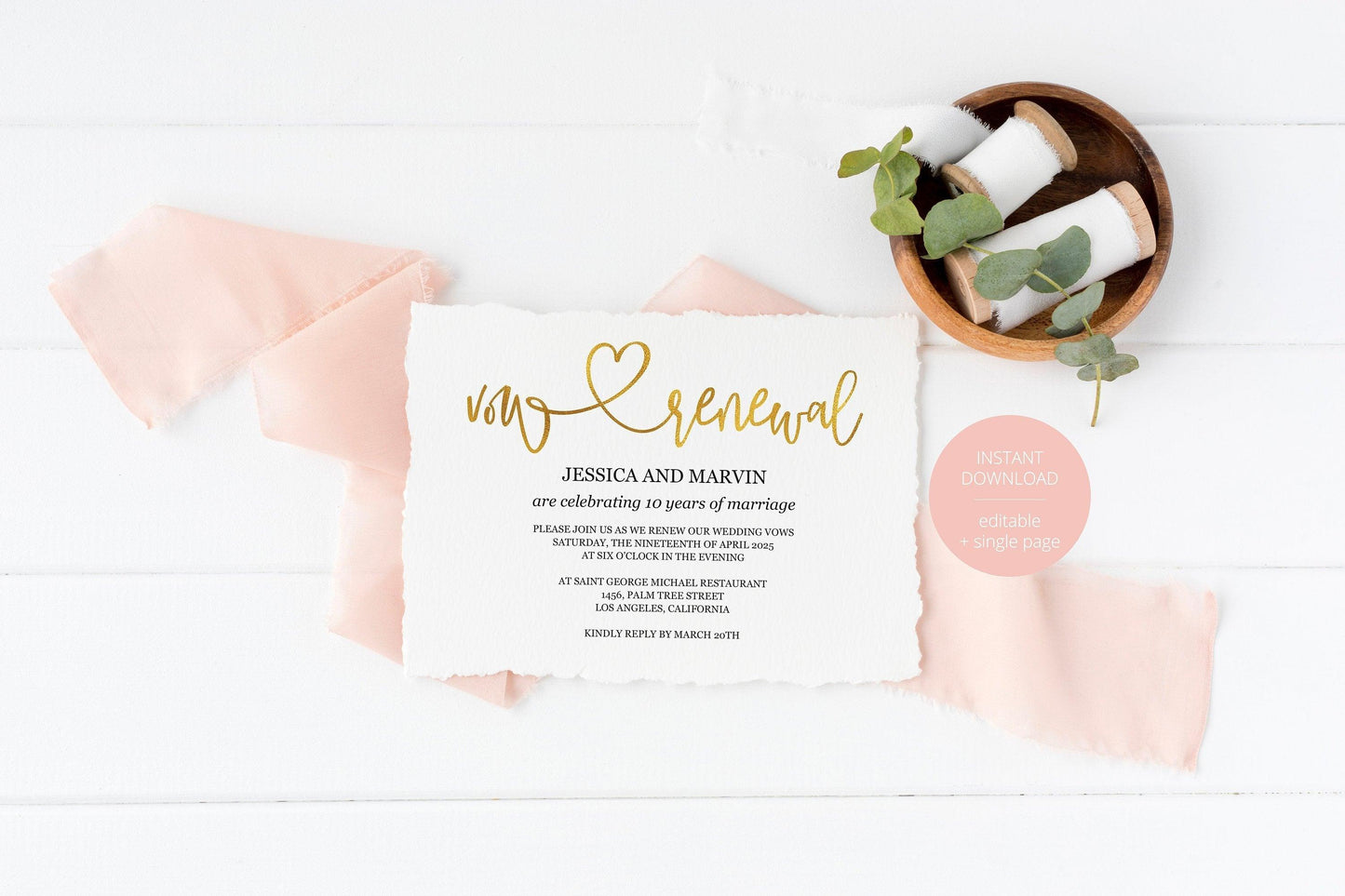 Vow Renewal Invitation Template, Wedding Anniversary, Vow Renewal Invite, Anniversary Party, Renew Vows Invitation, Heart, Gold - JESSICA - SAVVY PAPER CO