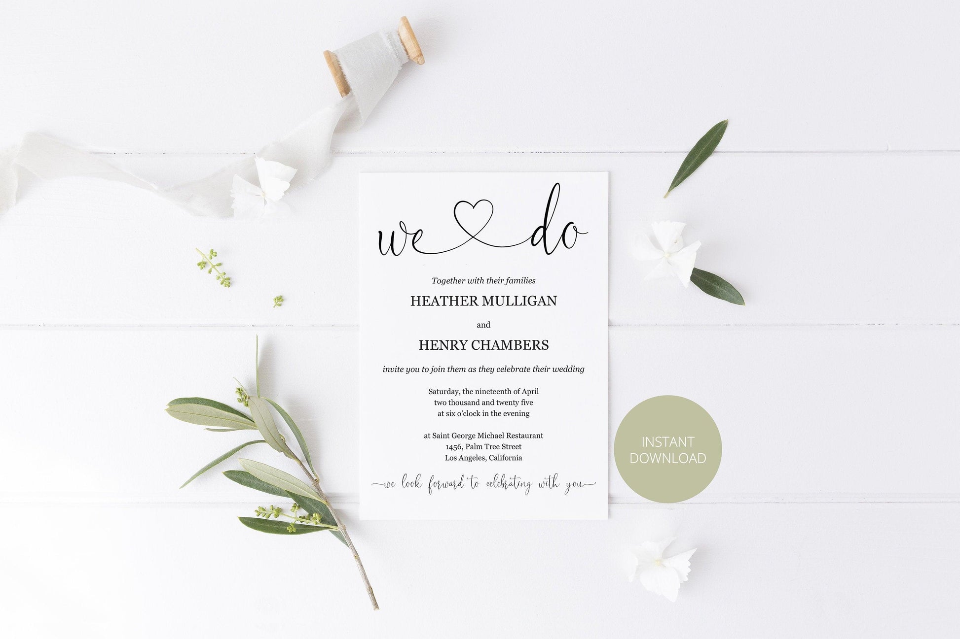 We Do Wedding Invitation Template, Editable Wedding Invitation Template, Printable, Calligraphy, Instant Download, Heart - Heather - SAVVY PAPER CO
